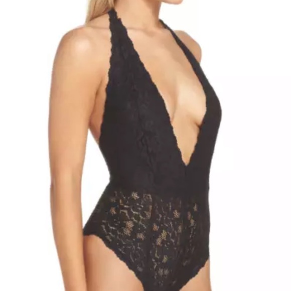 Free People Avery Lace Bodysuit in Black - Size Small, Deep V Neck Bodysuit NWT - Picture 4 of 9